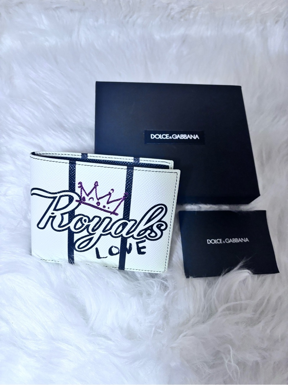 Dolce & Gabbana White Leather 'Royals' Wallet with Black Trim and Pink Crown